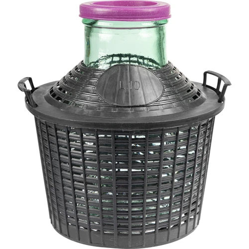 Balón para vino 10L con cuello ancho en cesta de plástico.
