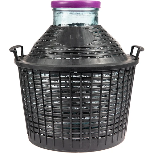 Balón para vino 15L con cuello ancho en cesta de plástico.