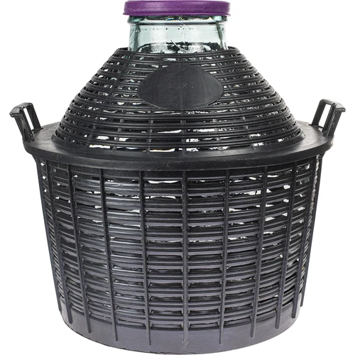 Balón para vino 25L con cuello ancho en cesta de plástico.