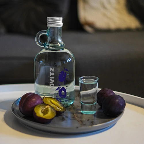 Botella 0,5 L con tapón, impresión Licor de Ciruela - 4 uds. - 8