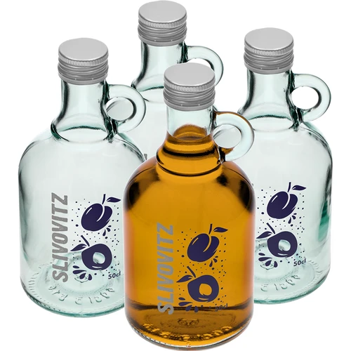 Botella 0,5 L con tapón, impresión Licor de Ciruela - 4 uds.