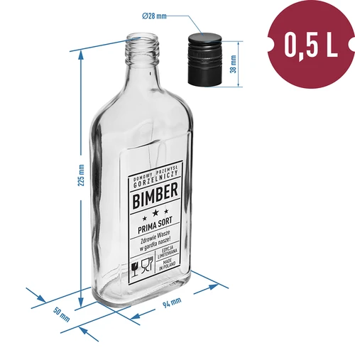 Petaca 500 ml con tapón de rosca, estampado «Bimber PRL», 1 ud. - 5