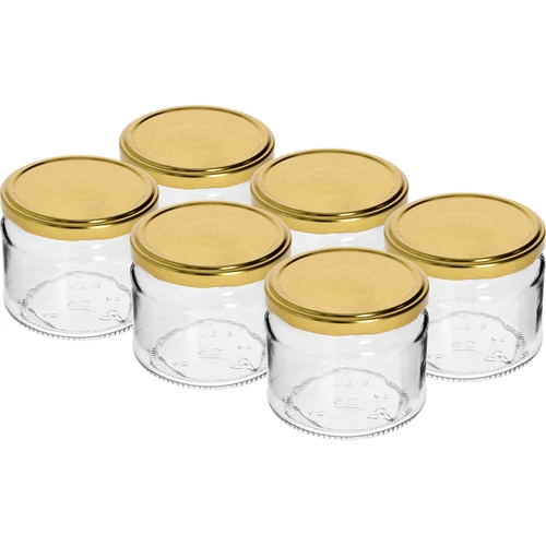 Tarro bajo 330ml fi82/6 con tapa dorada 6uds