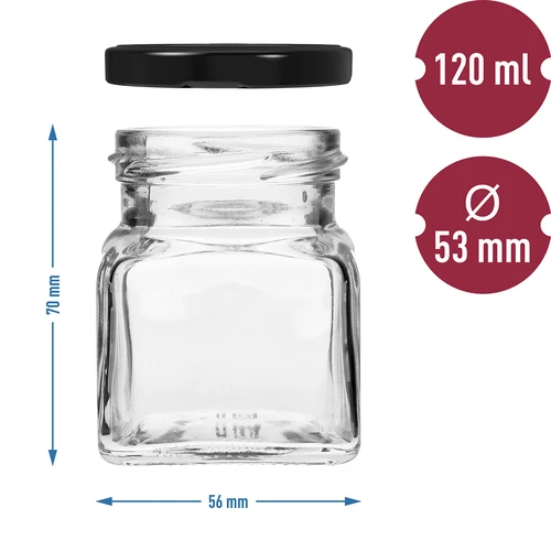 Tarro TO 120ml Cuatro esquinas fi53 tapa negra -6uds - 6
