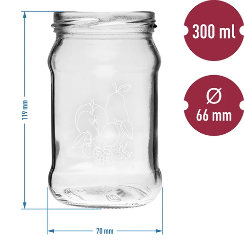 Tarro TO 300ml con tapa impresión frutas fi66 - 3uds. - 6