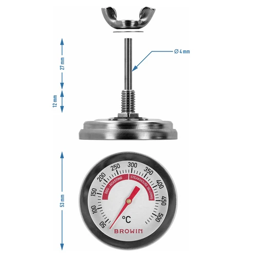 Termómetro para parrilla y BBQ, de 50 a +500°C, bimetálico, 5,3cm - 7