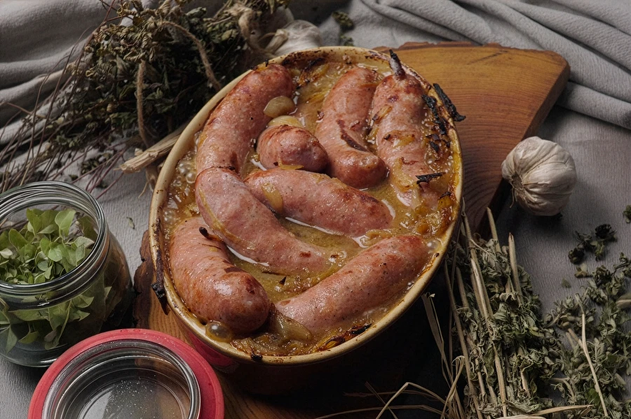 Browin Przepiśnik - Salchicha blanca al horno con cerveza, mostaza y cebolla