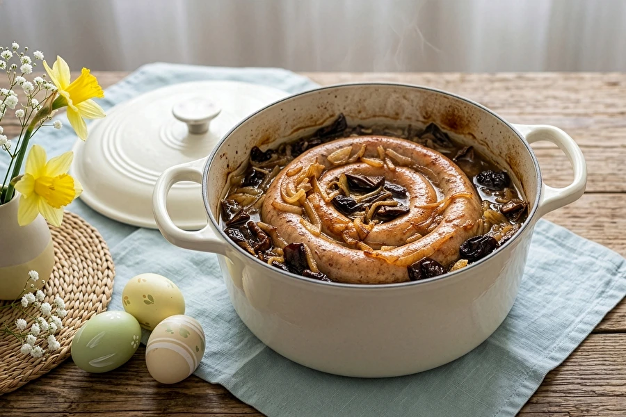 Browin Przepiśnik - Salchicha blanca enrollada al horno con setas y ciruela ahumada